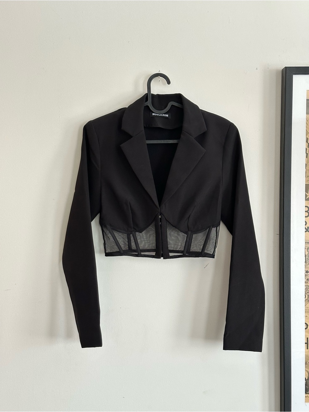 Cropped Black Blazer with Sheer Paneling